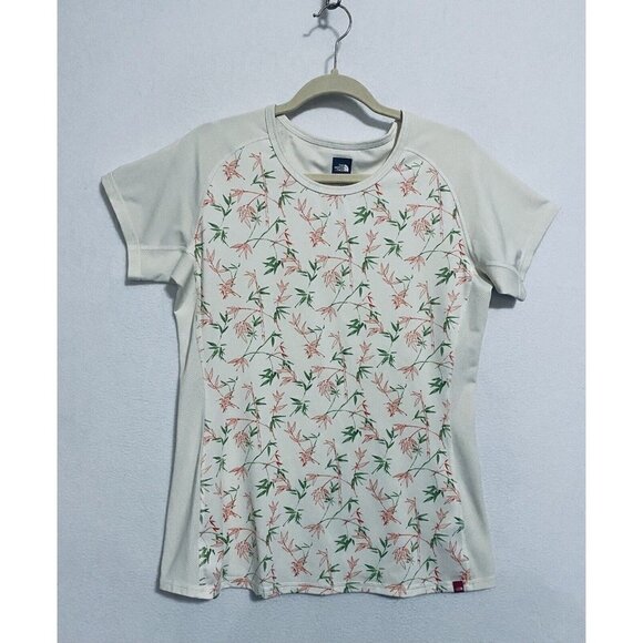 The North Face Womens Large Floral Activewear Top Short Sleeve Ivory Running - Picture 1 of 6